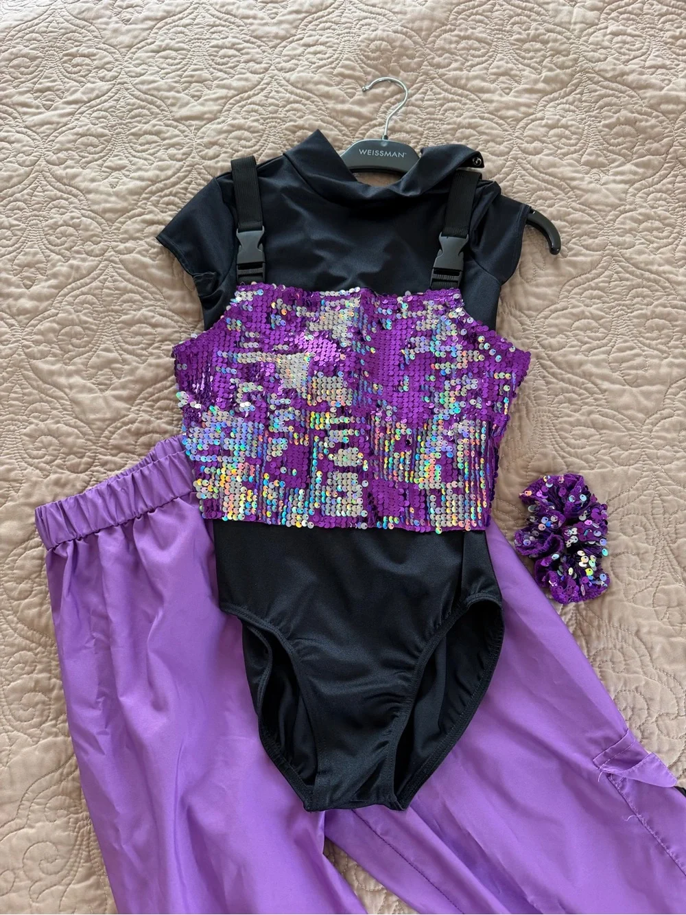 Weissman Purple Sequin Crop Top with Purple Cargo Pants